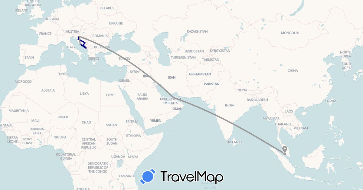 TravelMap itinerary: driving, plane in United Arab Emirates, Bosnia and Herzegovina, Croatia, Montenegro, Malaysia (Asia, Europe)